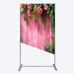 Lofaris Pink Retro Wooden Wall Greenery Floral Rectangle Backdrop