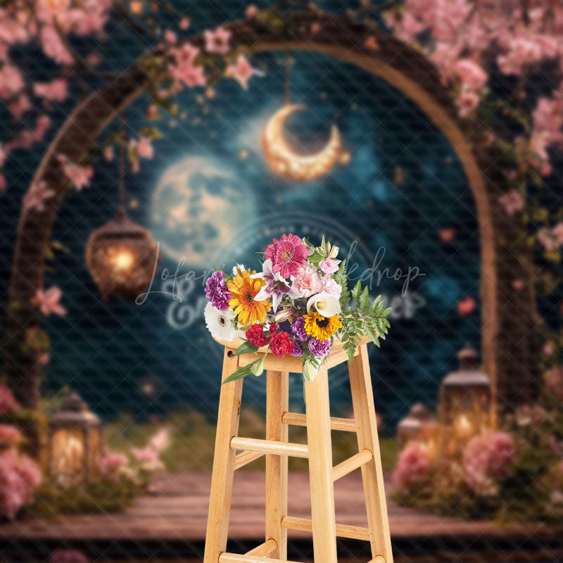 Lofaris Pink Romantic Floral Arch Moon Night Wedding Backdrop