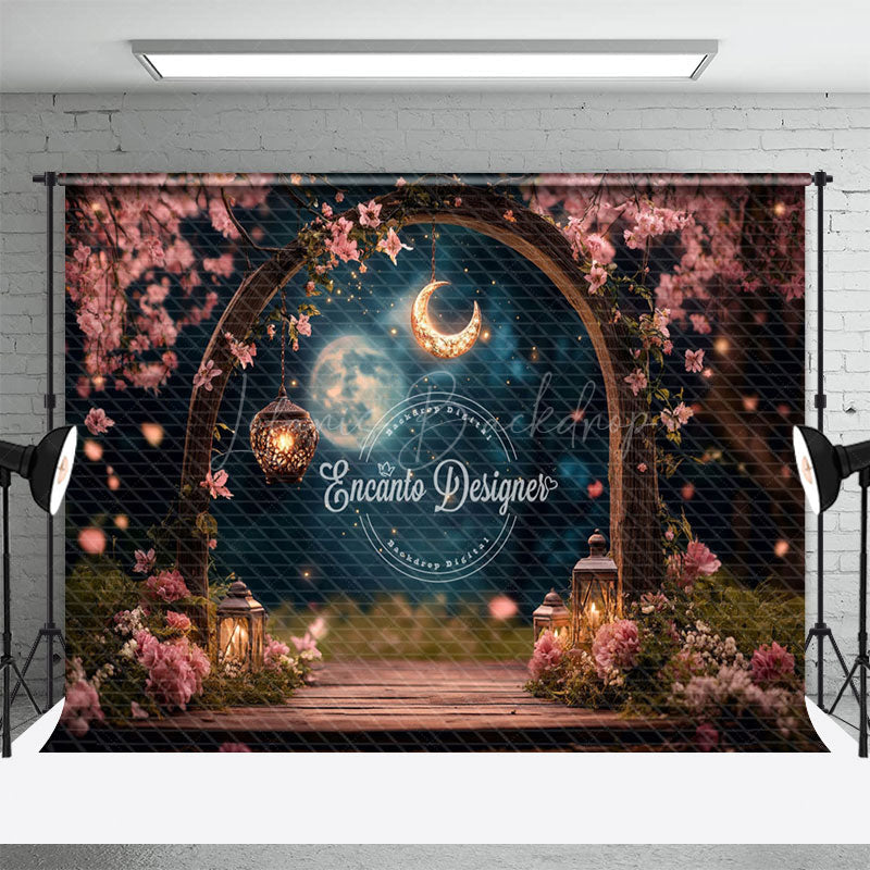 Lofaris Pink Romantic Floral Arch Moon Night Wedding Backdrop