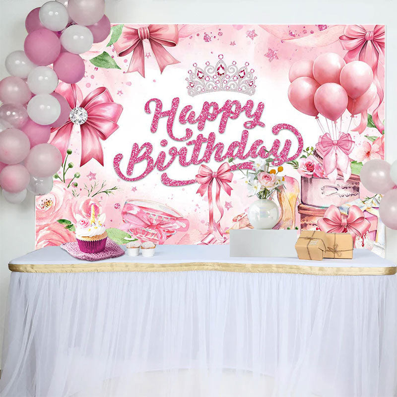 Lofaris Pink Rose Bow Crown Glitter Happy Birthday Backdrop