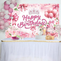 Lofaris Pink Rose Bow Crown Glitter Happy Birthday Backdrop