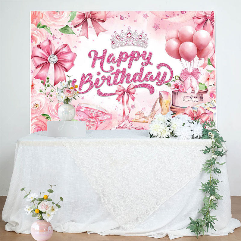 Lofaris Pink Rose Bow Crown Glitter Happy Birthday Backdrop