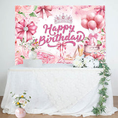 Lofaris Pink Rose Bow Crown Glitter Happy Birthday Backdrop