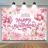 Lofaris Pink Rose Bow Crown Glitter Happy Birthday Backdrop