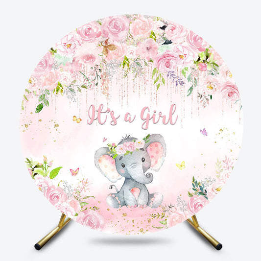 Lofaris Pink Rose Elephant Its A Girl Round Baby Shower Backdrop