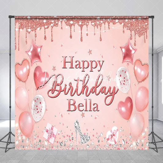 Lofaris Pink Rose Gold Glitter Happy Birthday Custom Backdrop Elegant Balloons Diamonds High Heel Party Decor