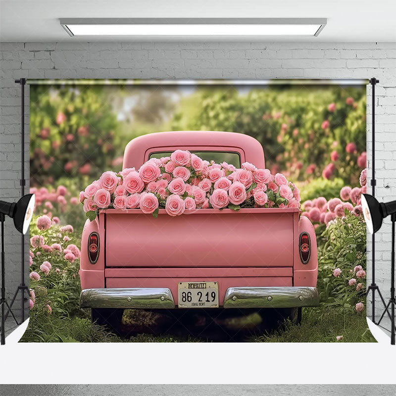 Lofaris Pink Rose Truck Spring Field Valentines Day Backdrop