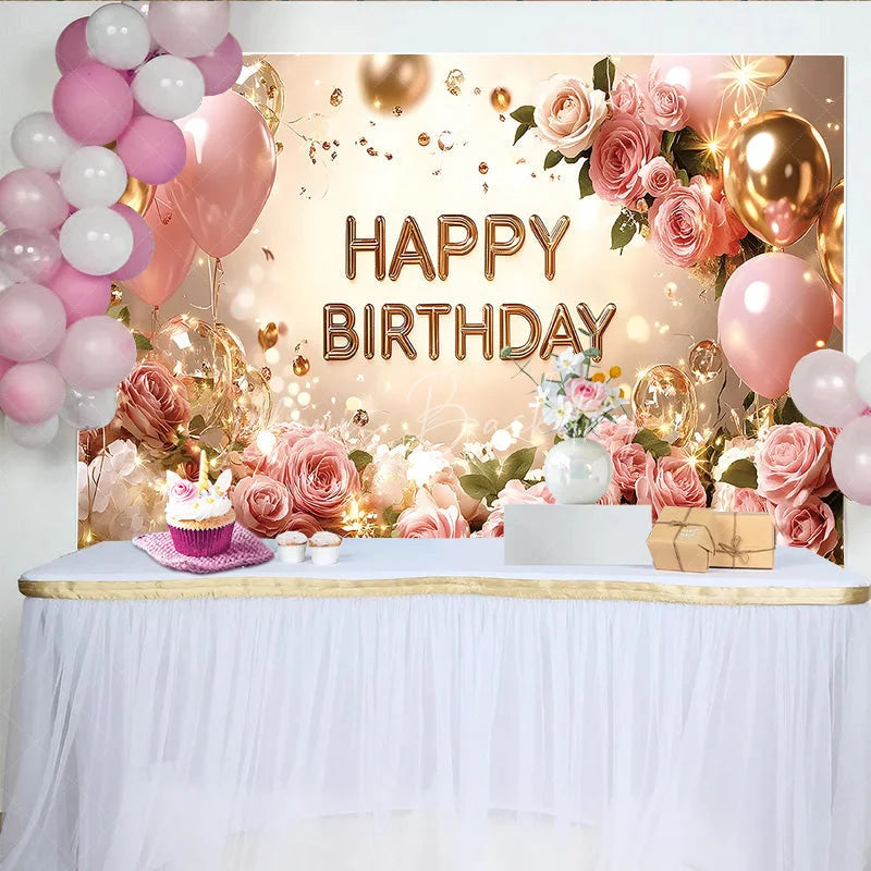 Lofaris Pink Roses and Gold Balloons Birthday Backdrop Elegant Floral Glitter Happy Party Background for Women