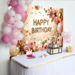Lofaris Pink Roses and Gold Balloons Birthday Backdrop Elegant Floral Glitter Happy Party Background for Women
