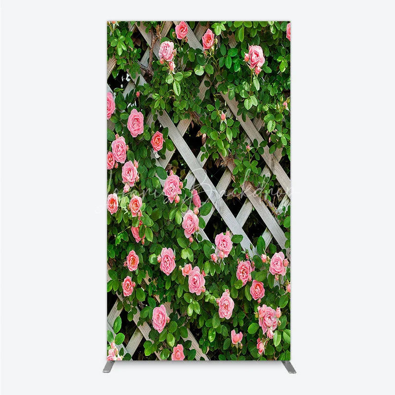 Lofaris Pink Roses on White Trellis Rectangle Backdrop Floral Garden Fence Wedding and Bridal Shower Photography Background