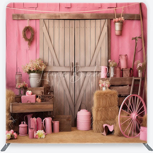 Lofaris Pink Rustic Barn Door Square Double-Sided Backdrop with Hay Bales Flowers and a Wagon Wheel for Celebrations