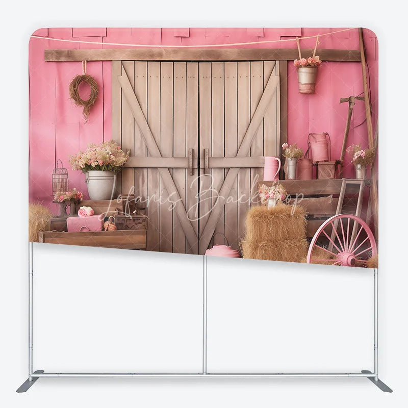 Lofaris Pink Rustic Barn Door Square Double-Sided Backdrop with Hay Bales Flowers and a Wagon Wheel for Celebrations