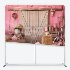 Lofaris Pink Rustic Barn Door Square Double-Sided Backdrop with Hay Bales Flowers and a Wagon Wheel for Celebrations