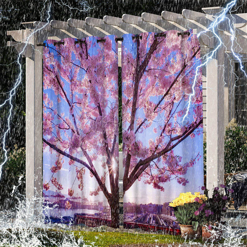 Lofaris Pink Sakura Waterproof Pattern Outdoor Curtains For Porch