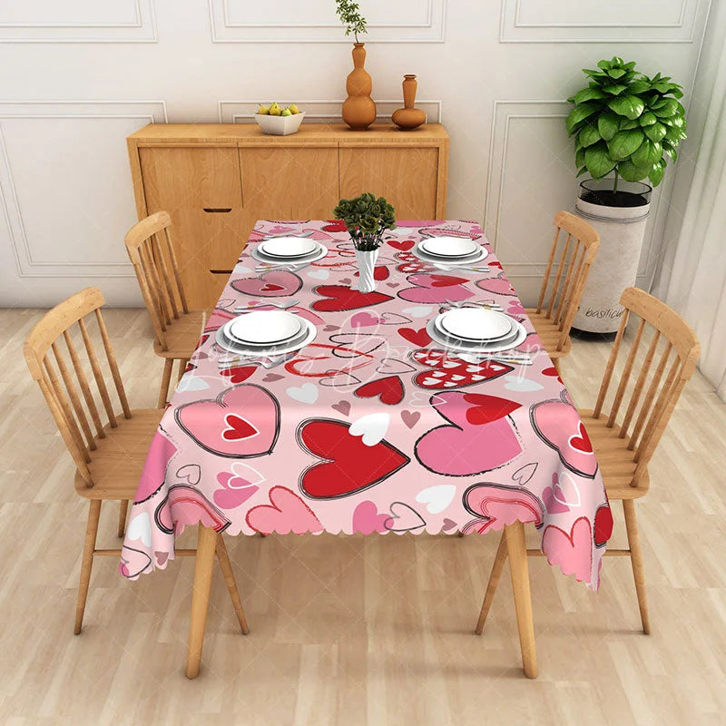 Lofaris Pink Scribble Heart Rectangle Tablecloth Sketchy Love Art Table Cover Modern Valentine Day Party Decor