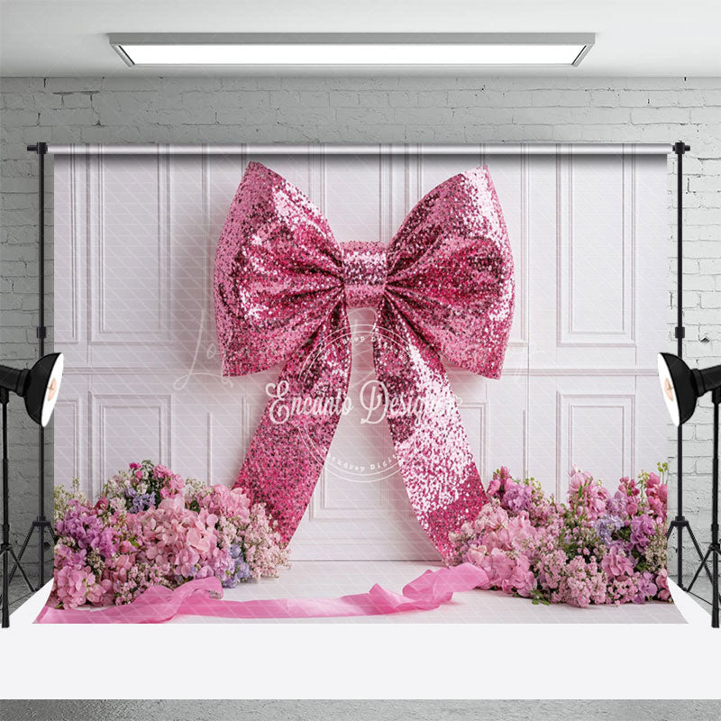 Lofaris Pink Sequin Bow White Wall Floral Wedding Backdrop