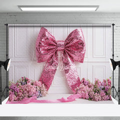 Lofaris Pink Sequin Bow White Wall Floral Wedding Backdrop