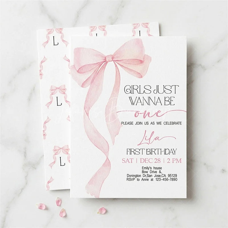 Lofaris Pink Set of 20 Bow Girls Just Wanna Be One First Birthday Custom Invitation Personalized Party Decor