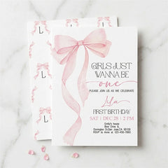Lofaris Pink Set of 20 Bow Girls Just Wanna Be One First Birthday Custom Invitation Personalized Party Decor