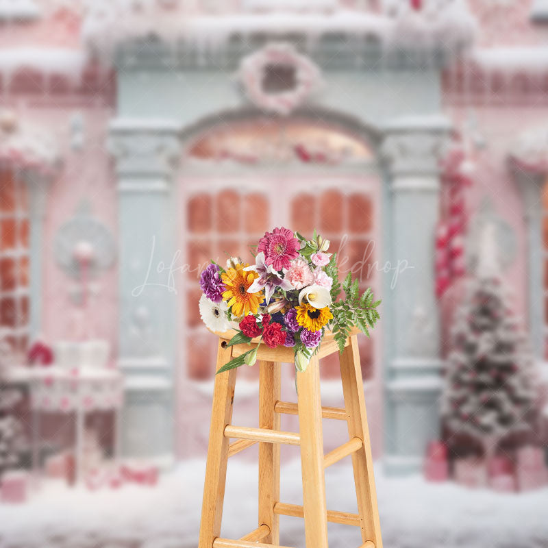 Lofaris Pink Snowy House Girl Winter Photography Backdrop