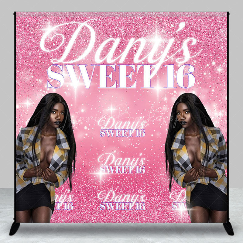 Lofaris Pink Sparkle Custom Name Photo Sweet 16 Backdrop