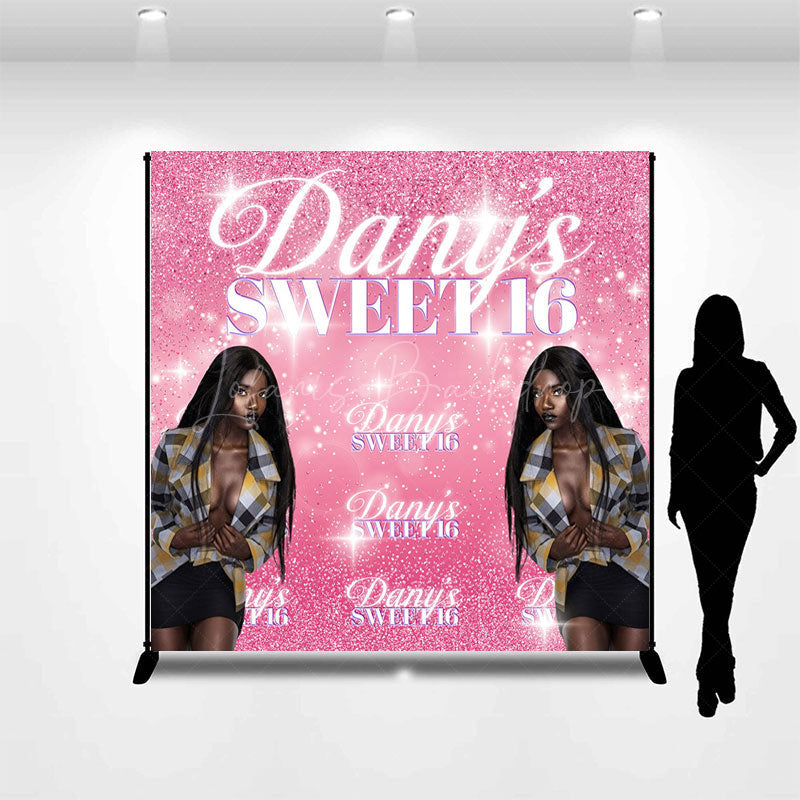 Lofaris Pink Sparkle Custom Name Photo Sweet 16 Backdrop