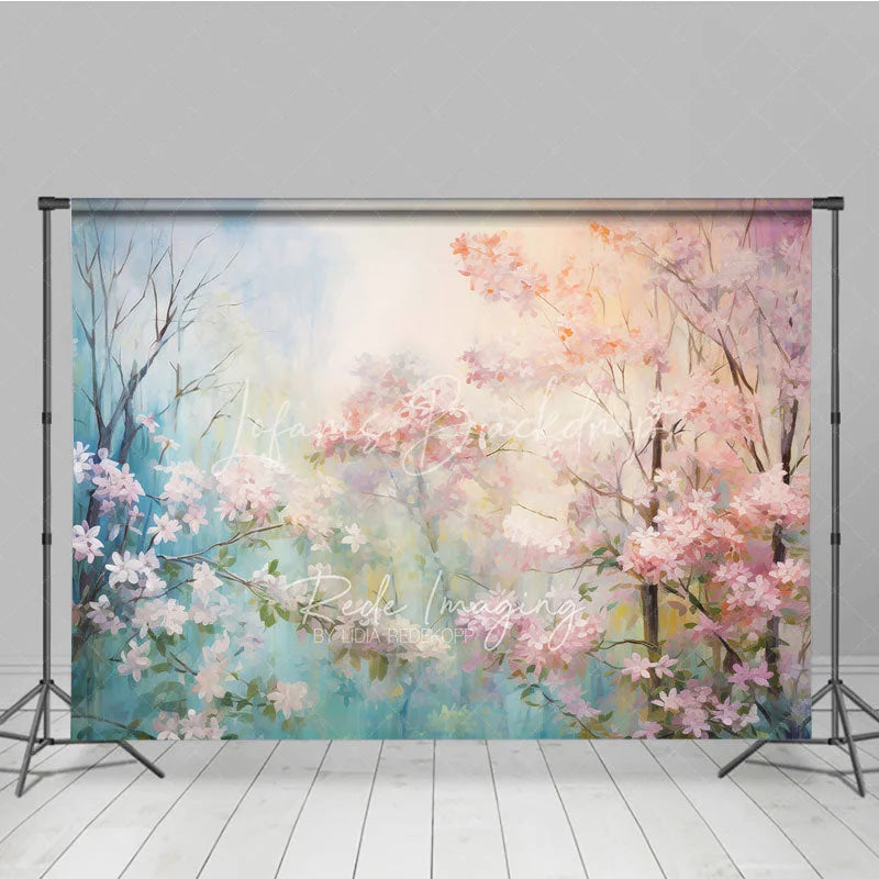 Lofaris Pink Spring Blossom Floral Backdrop Dreamy Forest Flower Tree Oil Painting Background Nature Photography Prop
