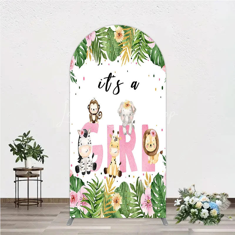 Lofaris Pink Tropical Jungle Animals It’s a Girl Arch Backdrop Kit Safari Elephant Giraffe Zebra Lion for Baby Shower Party