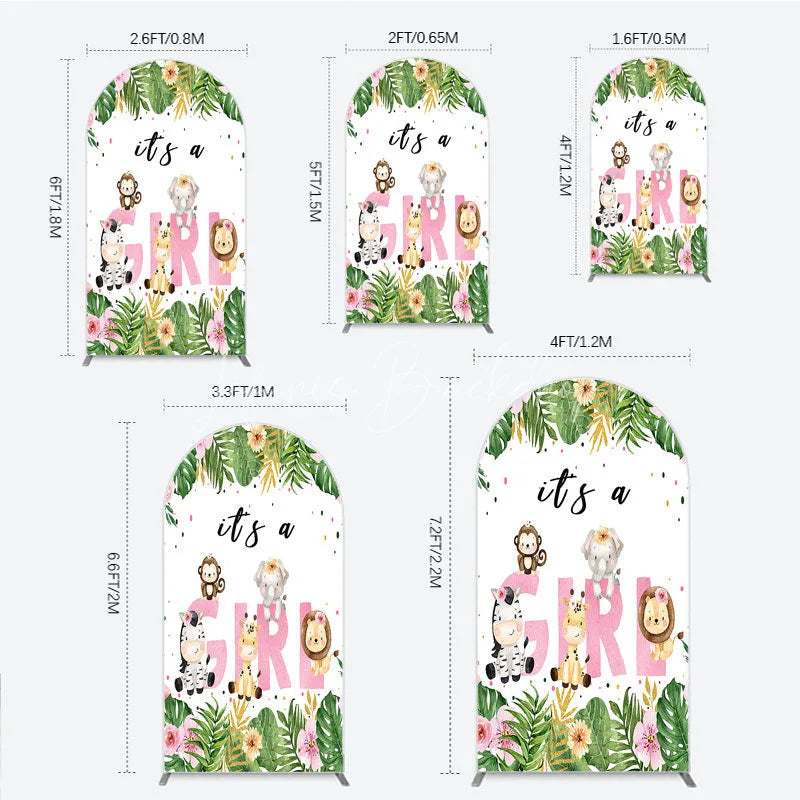Lofaris Pink Tropical Jungle Animals It’s a Girl Arch Backdrop Kit Safari Elephant Giraffe Zebra Lion for Baby Shower Party