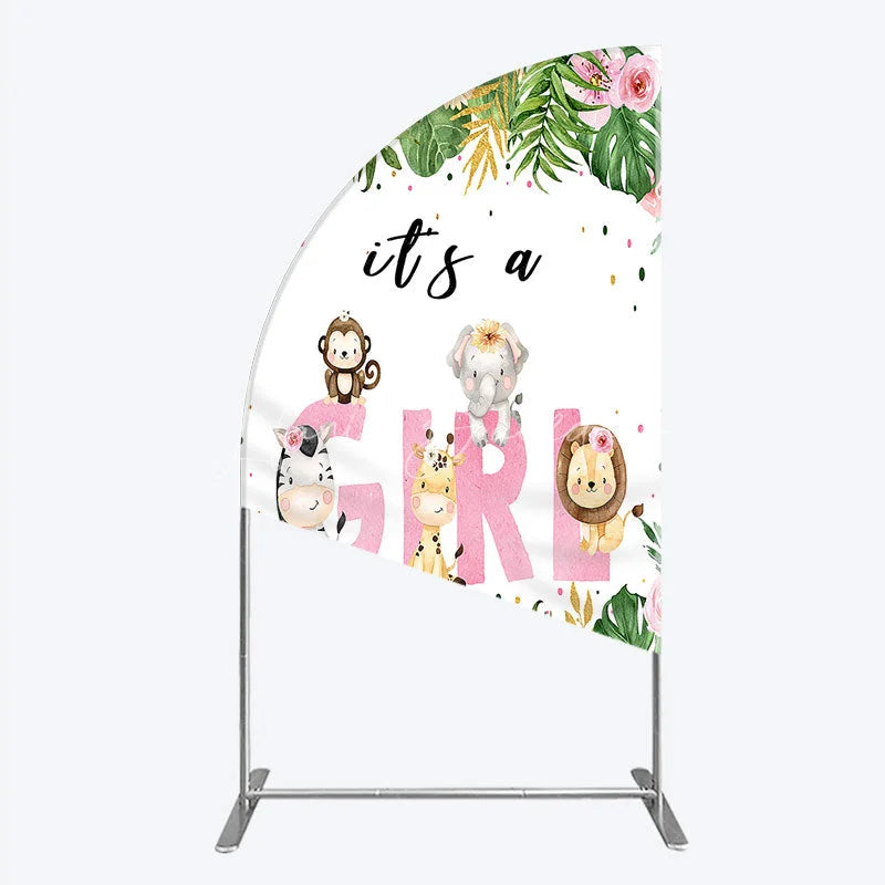 Lofaris Pink Tropical Jungle Animals It’s a Girl Half Moon Arch Backdrop Kit Safari Elephant Giraffe Zebra Lion for Baby Shower Party