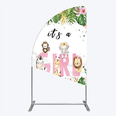 Lofaris Pink Tropical Jungle Animals It’s a Girl Half Moon Arch Backdrop Kit Safari Elephant Giraffe Zebra Lion for Baby Shower Party
