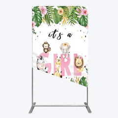 Lofaris Pink Tropical Jungle Animals It’s a Girl Rectangle Backdrop Kit Safari Elephant Giraffe Zebra Lion for Baby Shower Party