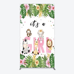 Lofaris Pink Tropical Jungle Animals It’s a Girl Rectangle Backdrop Kit Safari Elephant Giraffe Zebra Lion for Baby Shower Party
