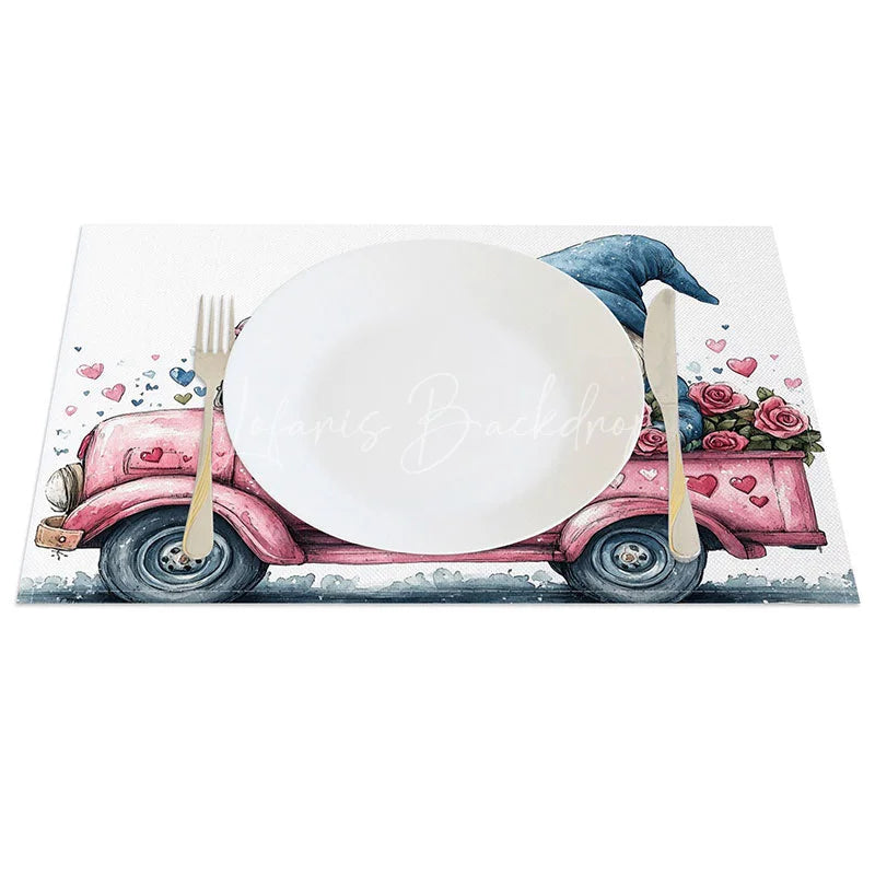 Lofaris Pink Truck Gnome Rose Set of 4 Placemats Love Sign Valentine Decoration Farmhouse Floral Table Mat