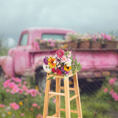 Lofaris Pink Truck Grassland Floral Valentines Day Backdrop