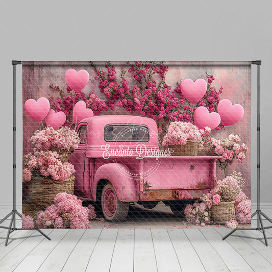 Lofaris Pink Truck Heart Balloons Floral Romantic Backdrop
