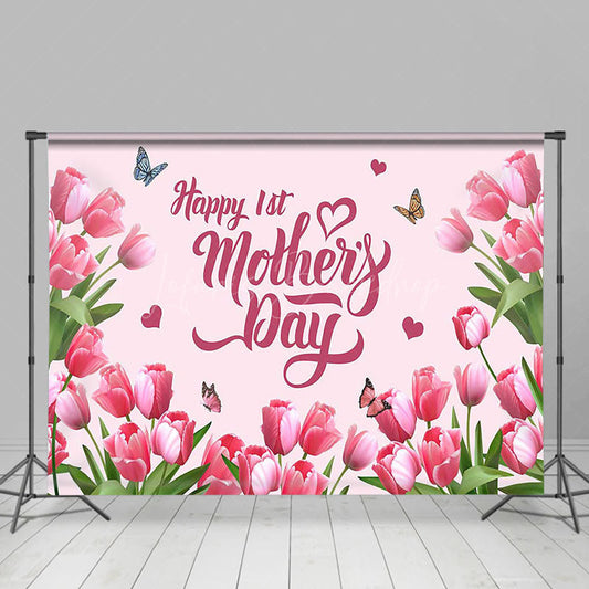 Lofaris Pink Tulip Butterfly Happy 1st Mothers Day Backdrop