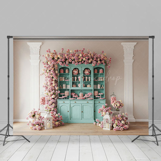 Lofaris Pink Wall Teal Showcase Floral Wedding Photo Backdrop