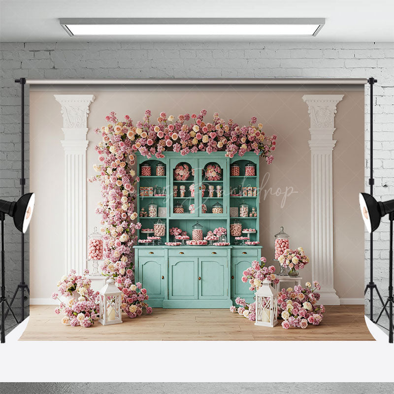 Lofaris Pink Wall Teal Showcase Floral Wedding Photo Backdrop