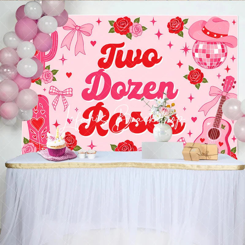 Lofaris Pink Western Country Two Dozen Roses Birthday Backdrop featuring Cowboy Hat Disco Ball and Guitar