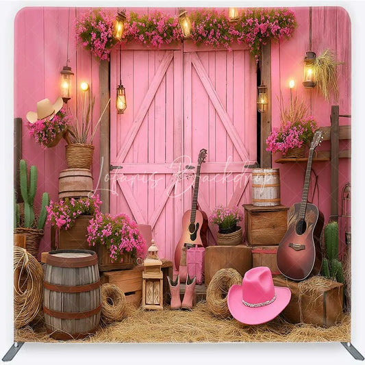 Lofaris Pink Western Cowboy Tension Fabric Backdrop Cowgirl Boots and Guitar Barn Door Party Decorations