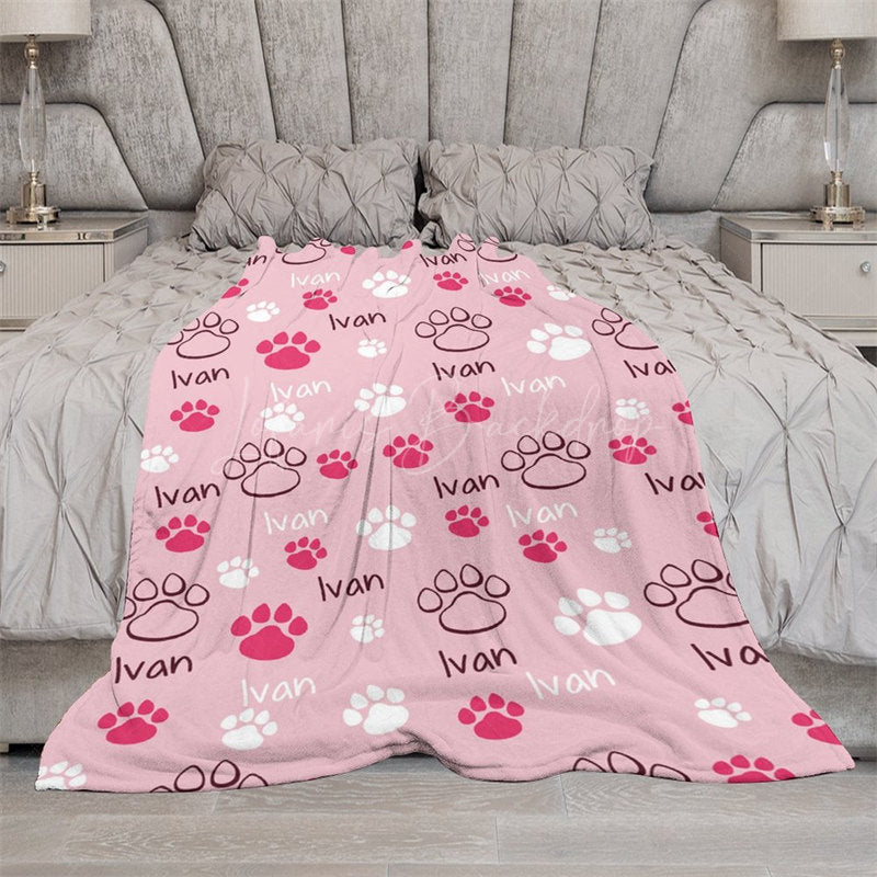Lofaris Pink White Cute Paw Print Custom Pet Name Blanket