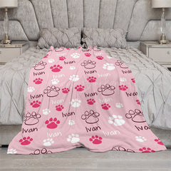 Lofaris Pink White Cute Paw Print Custom Pet Name Blanket