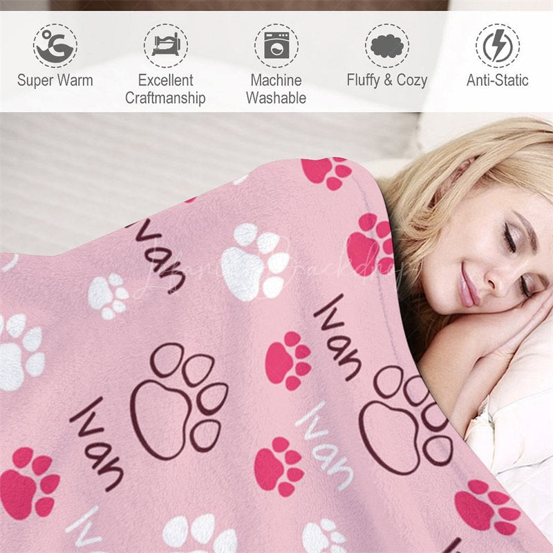 Lofaris Pink White Cute Paw Print Custom Pet Name Blanket
