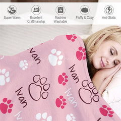 Lofaris Pink White Cute Paw Print Custom Pet Name Blanket