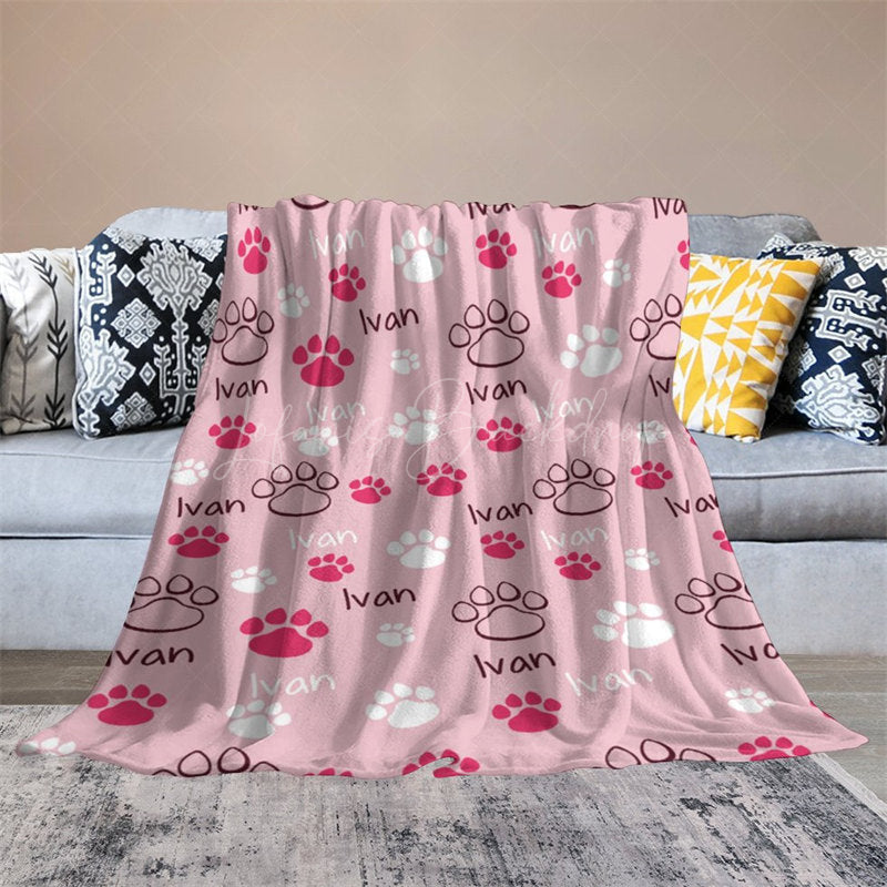 Lofaris Pink White Cute Paw Print Custom Pet Name Blanket