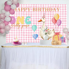 Lofaris Pink White Plaid One Silly Goose Birthday Backdrop