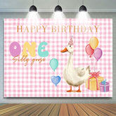 Lofaris Pink White Plaid One Silly Goose Birthday Backdrop