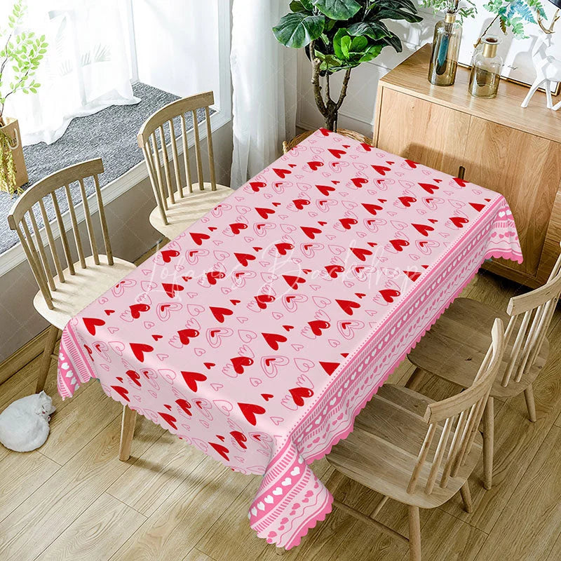 Lofaris Pink with Red Sketch Heart Rectangle Tablecloth Romantic Doodle Border Valentine Anniversary Decor