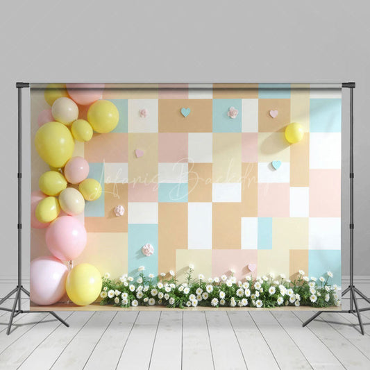 Lofaris Pink Yellow Checkered Balloons Wedding Photo Backdrop
